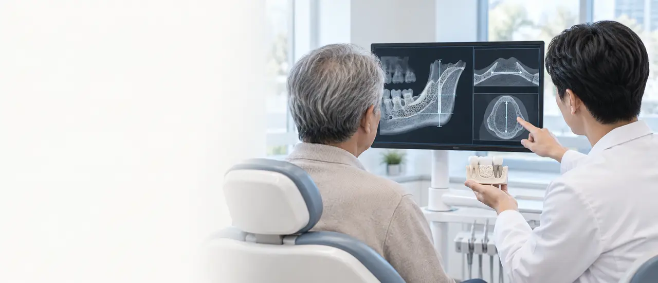 3D CT 화면을 보며 잇몸뼈 상태를 설명하는 상담 장면
