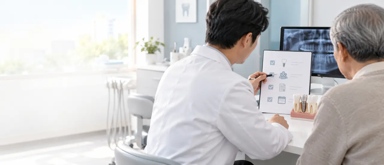 어르신 환자에게 건강보험 임플란트 적용 범위를 설명하는 상담 장면